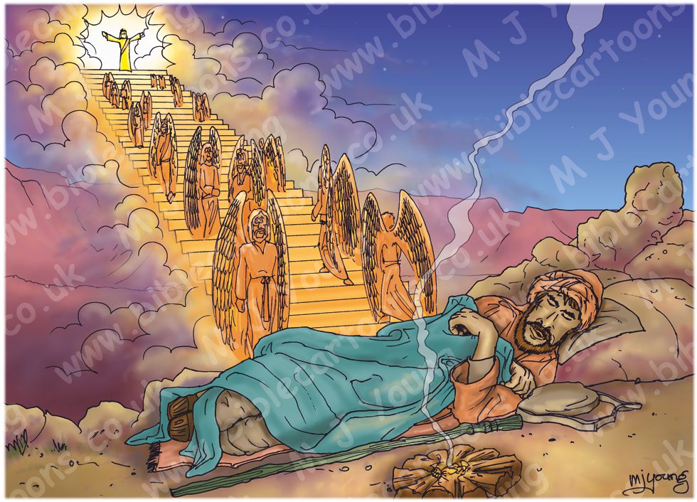 Genesis 28 - Jacob’s dream at Bethel - Scene 02 - Stairway 980x706px col