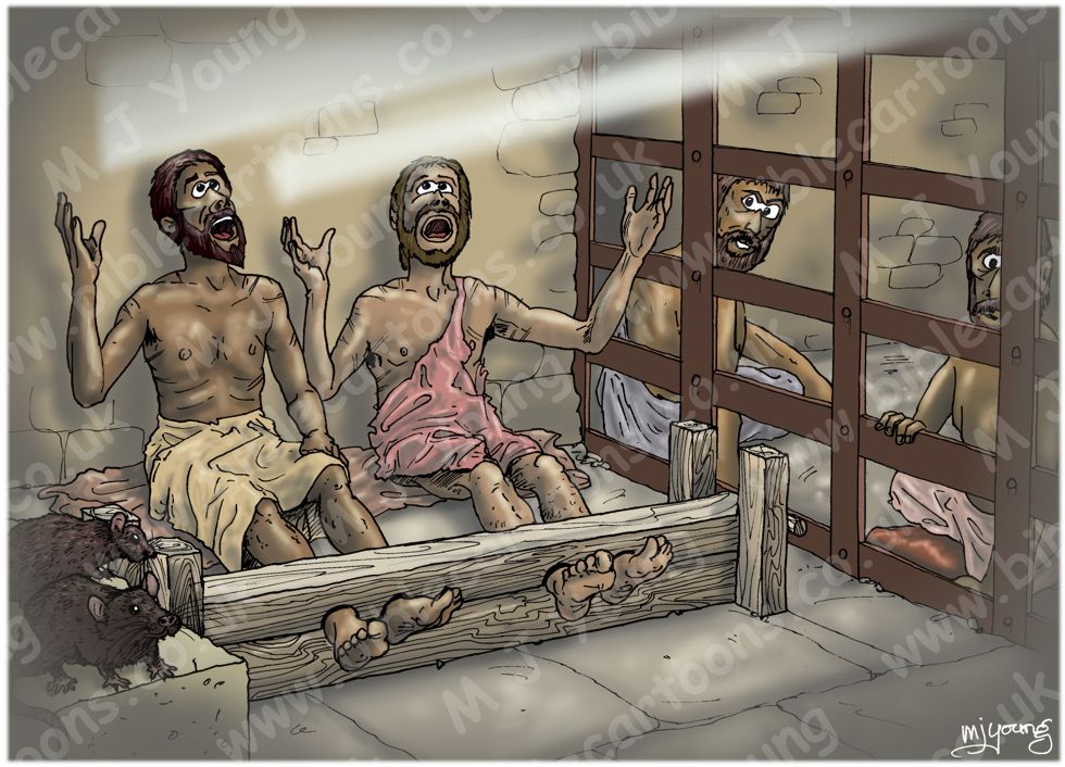 Acts 16 - Paul and Silas in prison - Scene 04 - Singing 980x706px col