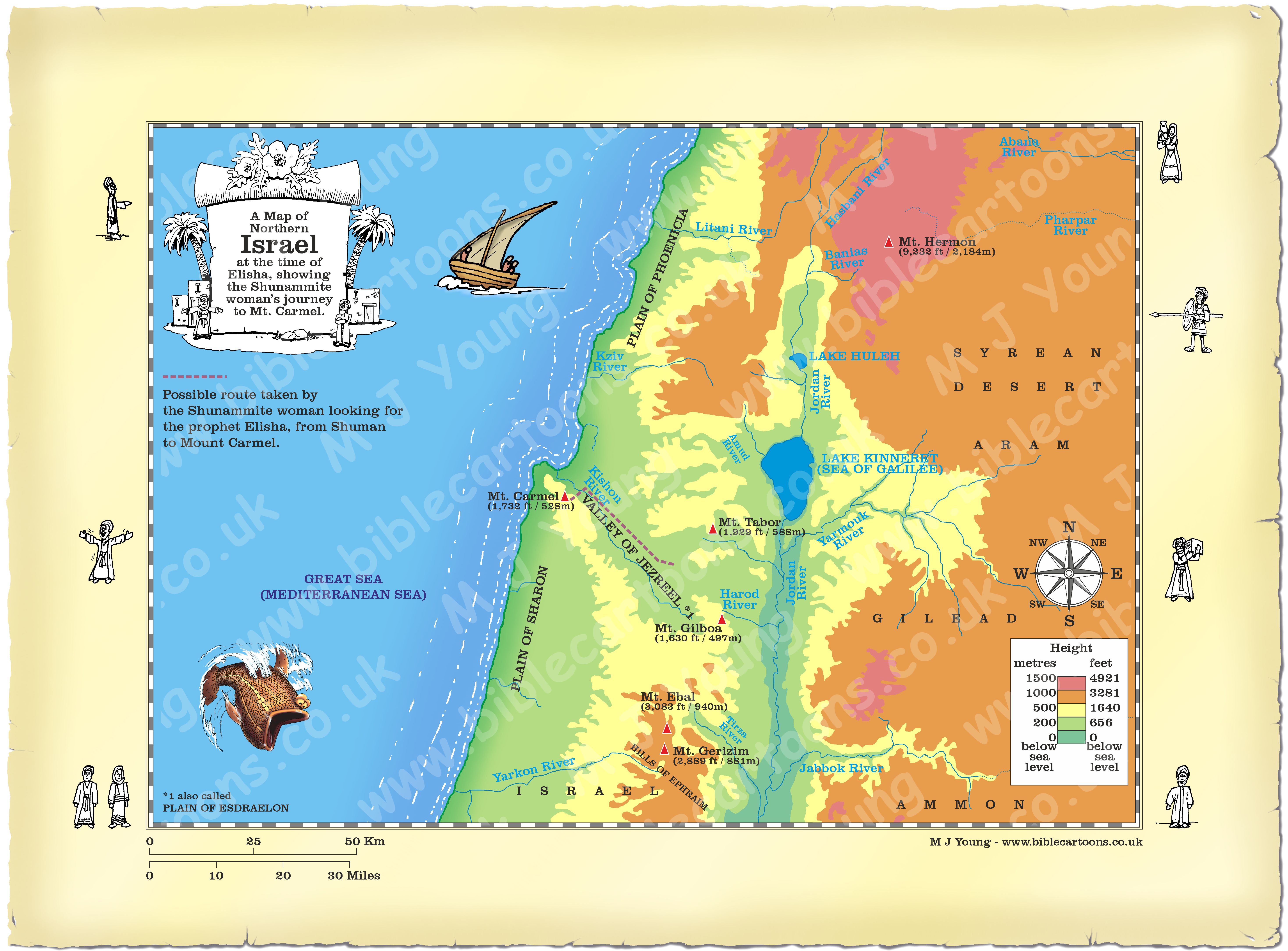 Map Northern Israel Shunam to Mt. Carmel route