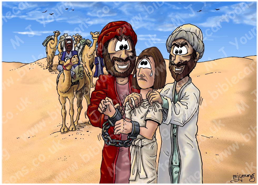 Genesis 37 - Joseph sold into slavery - Scene 04 - Joseph Sold (no skull) 980x706px col