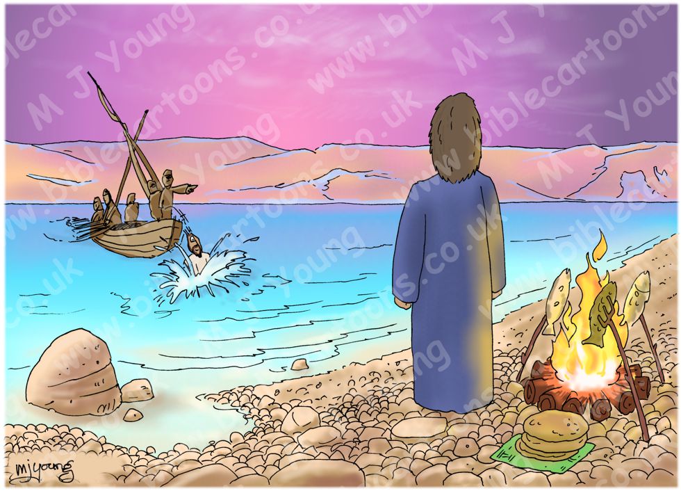 John 21 - Jesus on the lake shore | Bible Cartoons