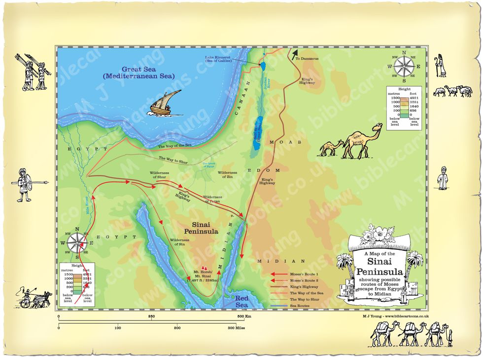 Map of Sinai showing Moses' route from Egypt to land of Midian