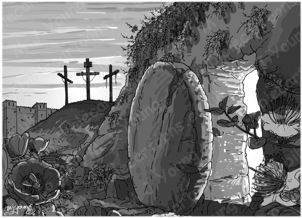 John 20 - The Resurrection - Scene 01 - Stone removed 980x706px greyscale