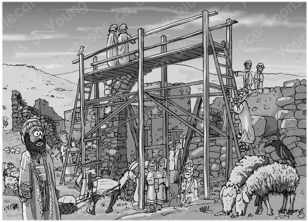 Nehemiah 03 - Rebuilding Jerusalem’s walls - Scene 01 - Eliashib rebuilds the Sheep gate 980x706px greyscale.jpg