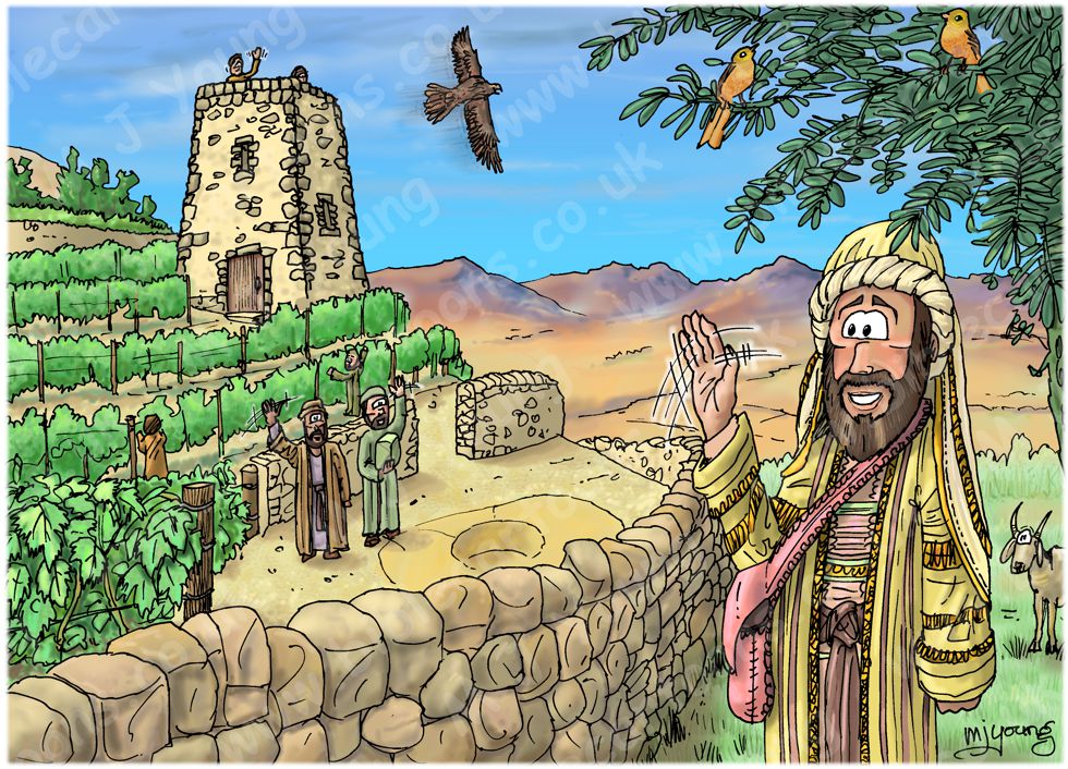 Matthew 21 - Parable of the Wicked Tenants - Scene 01 - Owner leaves 980x706px col.jpg