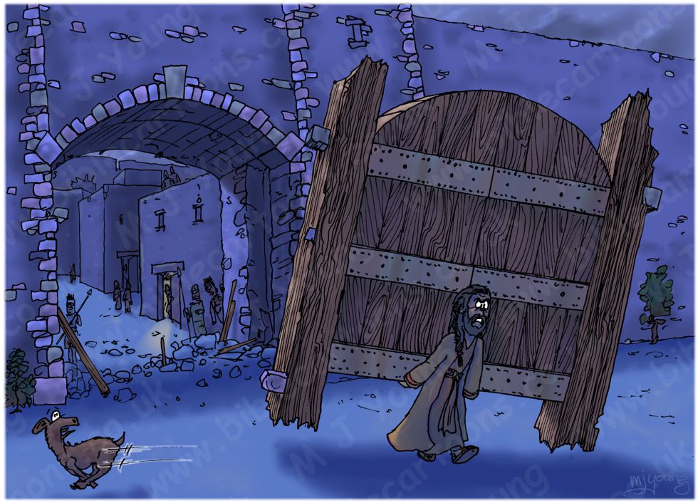 Judges 16 - Samson and Delilah - Scene 02 - City gate torn loose | Bible  Cartoons