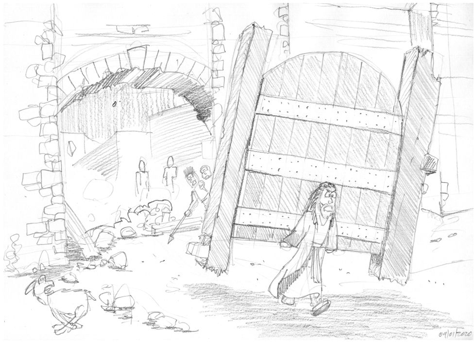 Judges 16 - Samson and Delilah - Scene 02 - City gate torn loose 980x706px greyscale.jpg