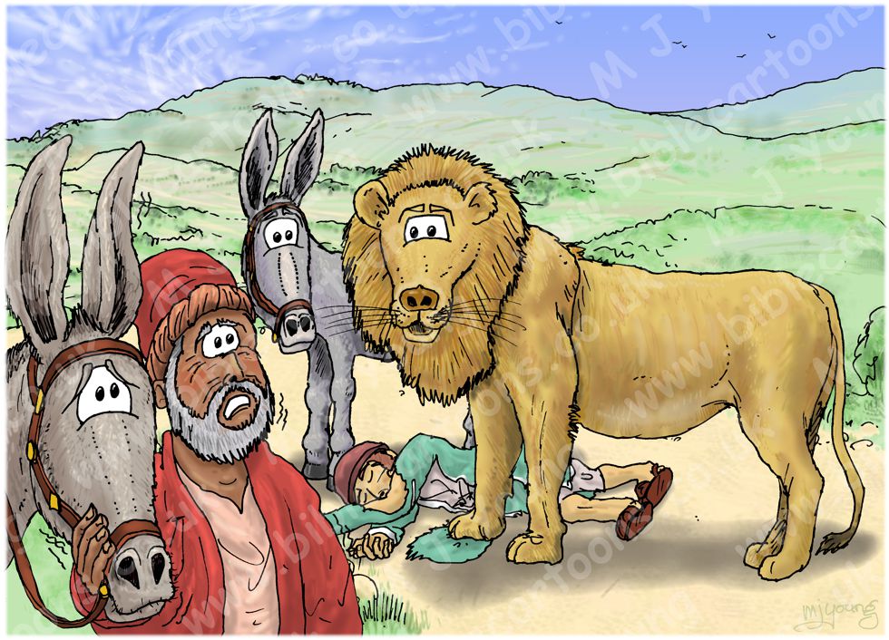 1 Kings 13 - Prophet and lion - Scene 09 - The lion and the donkey 980x706px col.jpg