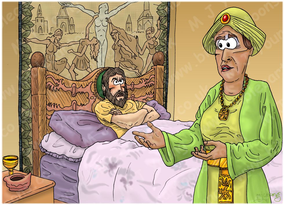 1 Kings 21 - Naboth’s Vineyard - Scene 02 - Ahab sulks in bed 980x706px col.jpg