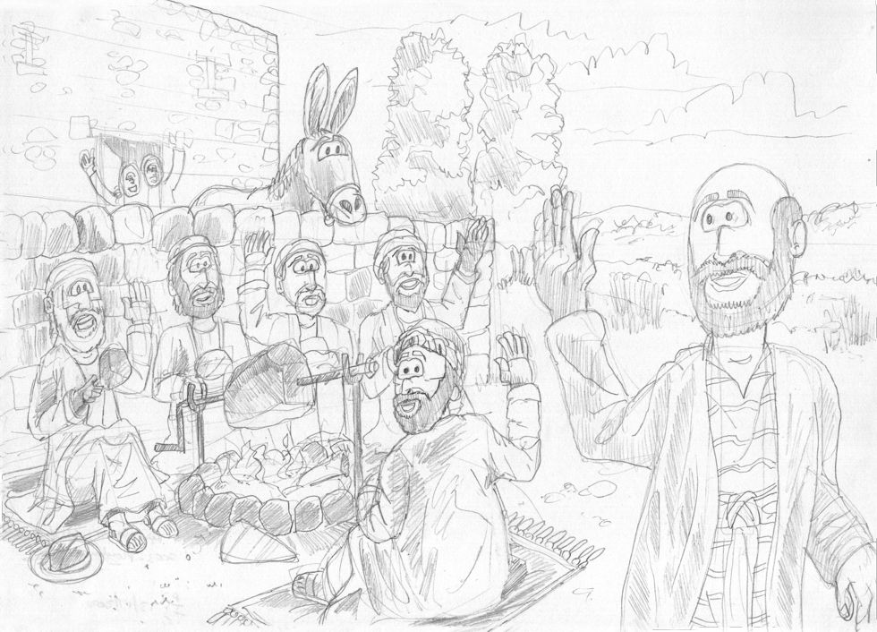 1 Kings 19 - The call of Elisha - Scene 03 - Ploughman's lunch 980x706px greyscale.jpg