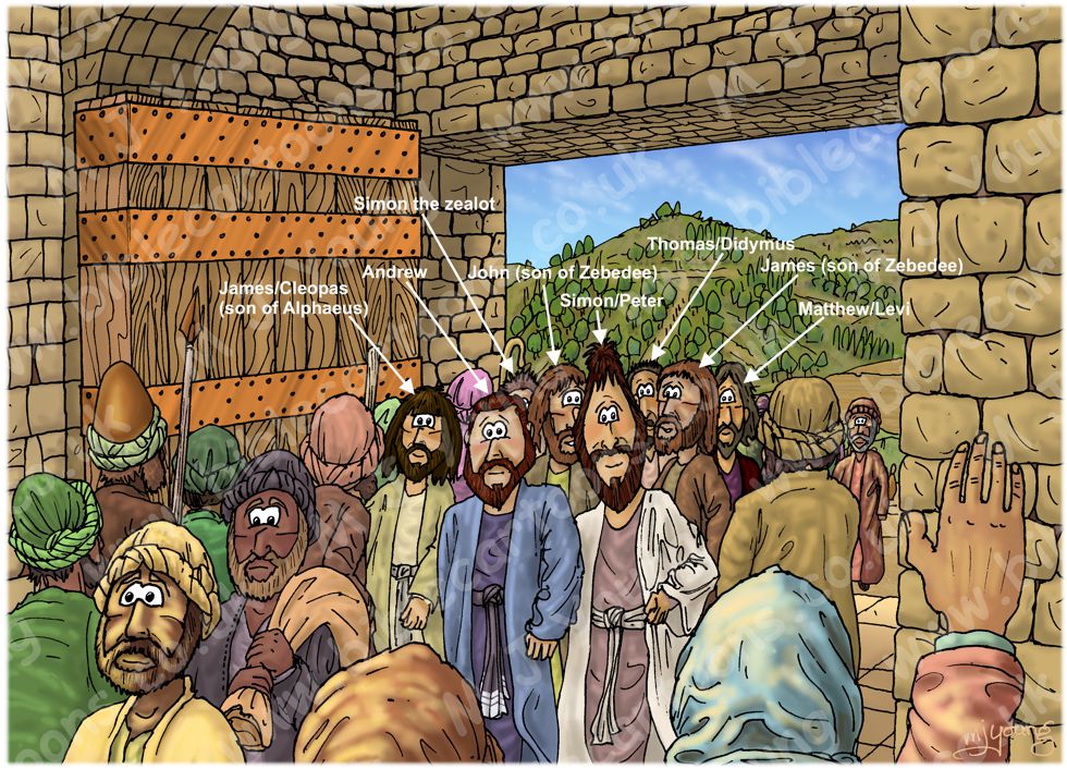 Acts 01 - Matthias replaces Judas - Scene 01 - Apostles return to Jerusalem - Apostles Named 980x706px col.jpg
