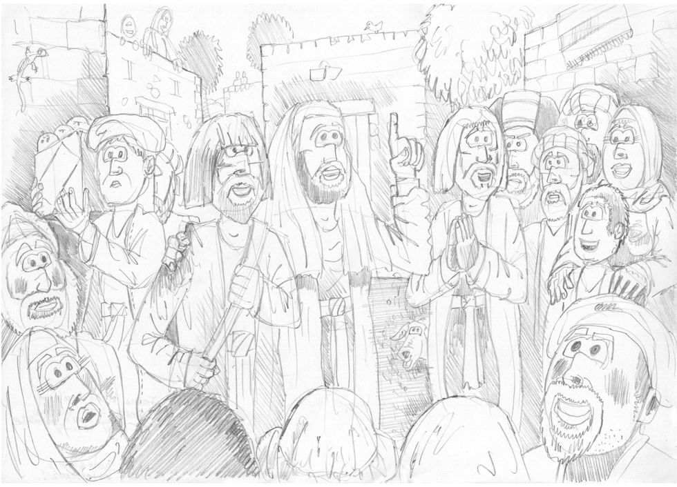 Luke 18 - Parable of persistent widow - Scene 01 - Jesus tells a parable - Greyscale 980x706px.jpg