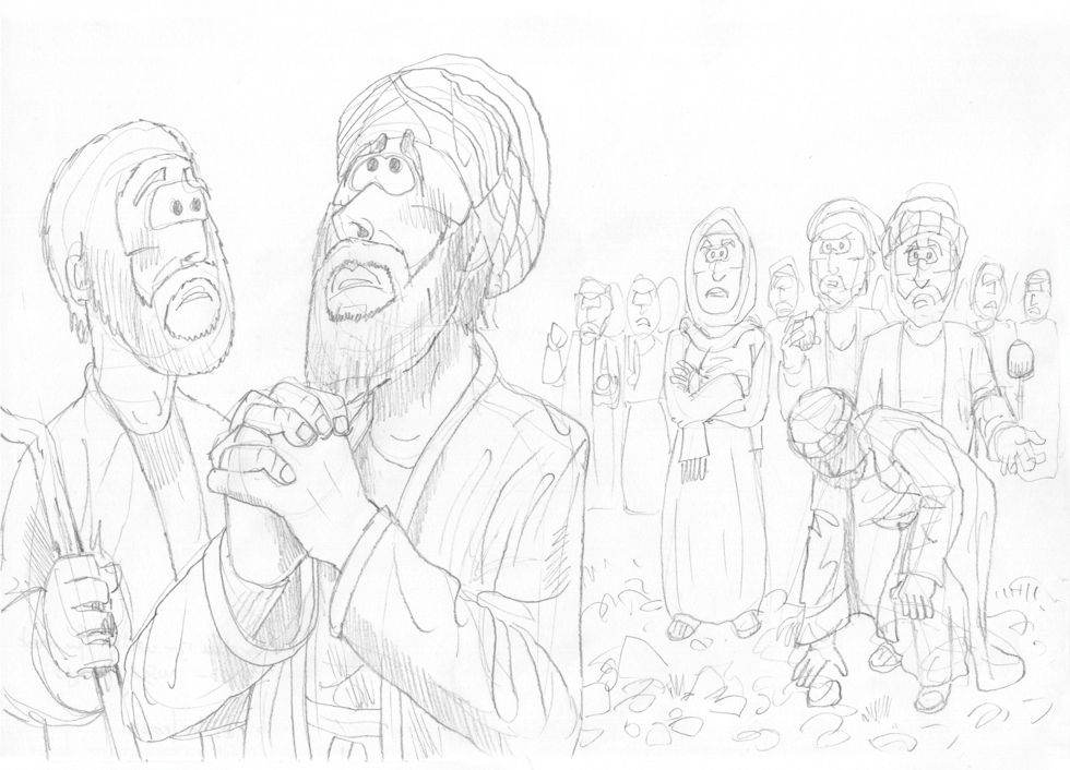 Exodus 17 - Water from rock - Scene 03 - Moses prays - Greyscale 980x706px.jpg