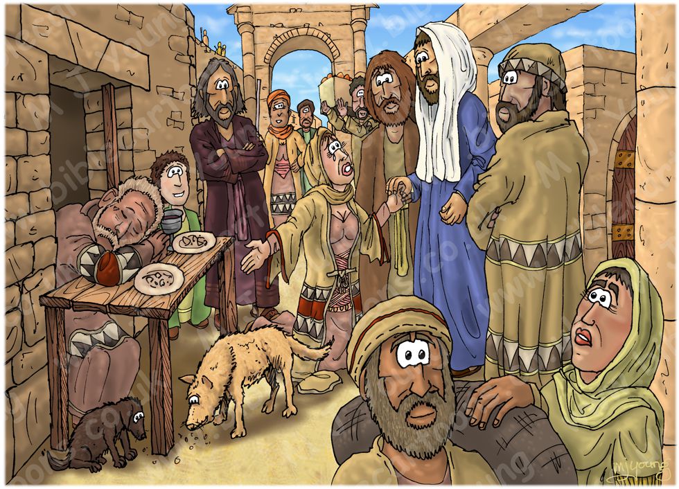 Matthew 15 - Faith of a Canaanite Woman - Scene 04 - Dogs and scraps 980x706px col.jpg