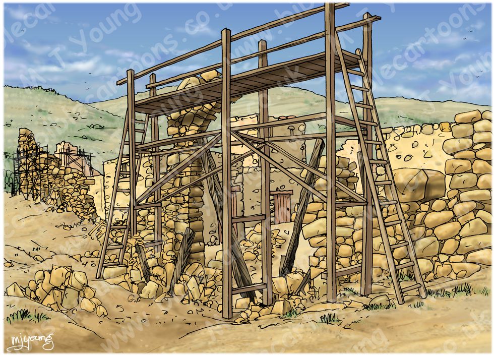 Nehemiah 03 - Rebuilding Jerusalem’s walls - Scene 01 - Eliashib rebuilds the Sheep gate - Background (with wooden scaffolding) 980x706px col.jpg