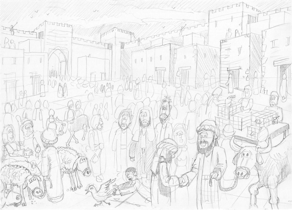 John 02 - Jesus clears the temple - Scene 02 - Jesus observes the sellers 980x706px greyscale.jpg