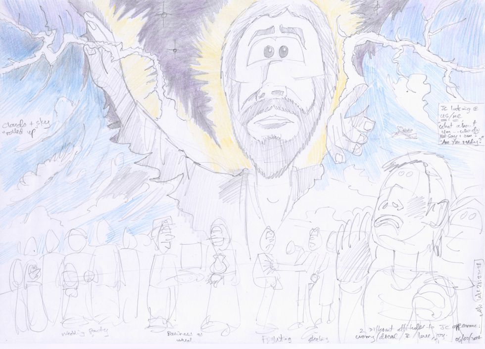 Luke 17 - God's kingdom coming - Scene 04 - Business as usual - rough sketch 980x706px col.jpg