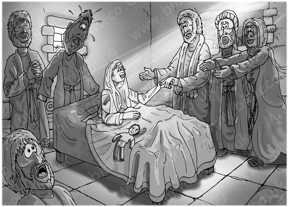 Mark 05 - Woman healed and girl resurrected - Scene 08 - Get up little girl - Greyscale 980x706px.jpg