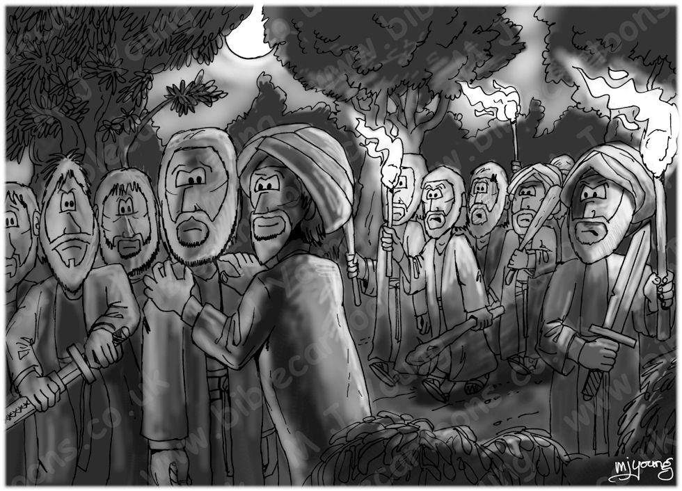 Mark 14 - Jesus Arrested - Scene 01 - Betrayed by Judas Iscariot 980x706px greyscale.jpg