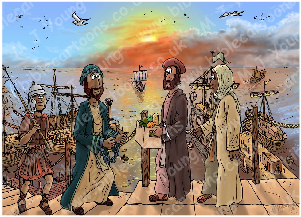 Acts 27 - Paul sails for Rome - Scene 03 - Centurion's kindness 980x706px col.jpg