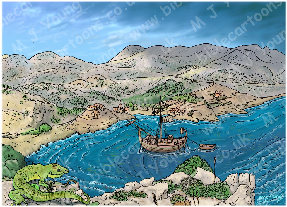 Acts 27 - Paul sails for Rome - Scene 06 - To Fair Haven 980x706px col.jpg