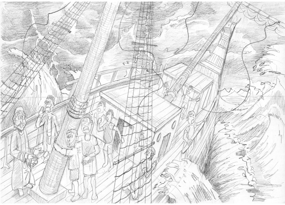 Acts 27 - Sea storm - Scene 05 - Paul's counsel - greyscale