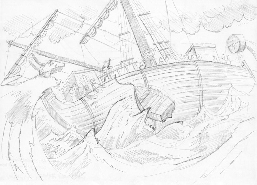 Acts 27 - Paul shipwrecked - Scene 02 - Lifeboat cut loose 980x706px greyscale