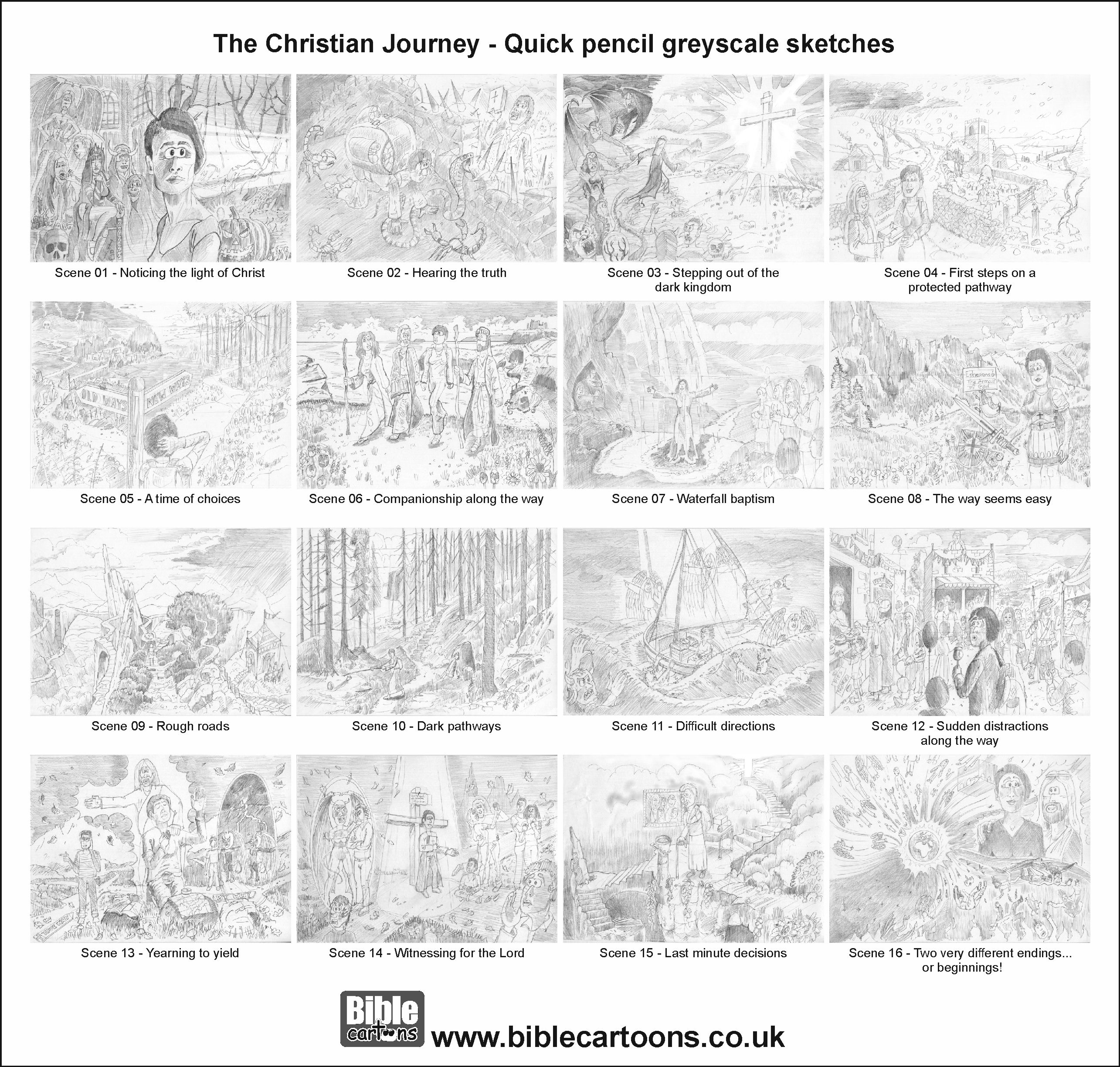 The Christian Journey Bible Cartoons quick pencil greyscale sketches