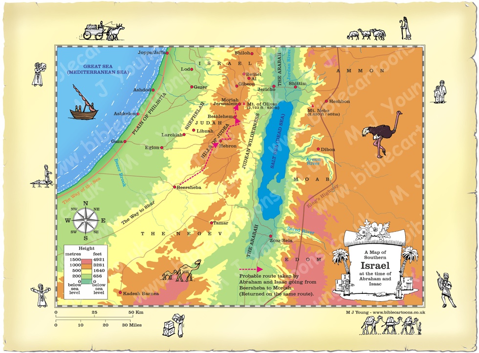 Map of Southern Israel showing journey of Abraham & Isaac from Beersheba to Moriah