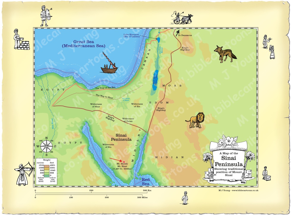 Map of Sinai peninsula, showing traditional position of Mount Sinai