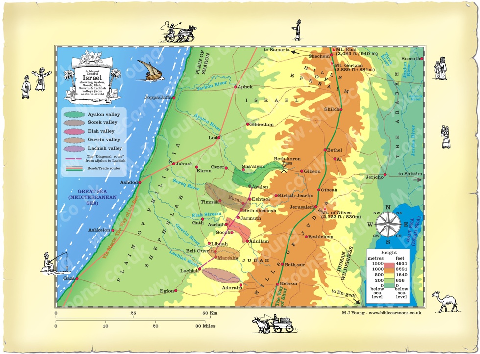 Large Scale map of Central Israel showing 5 main valleys with roads/trade routes