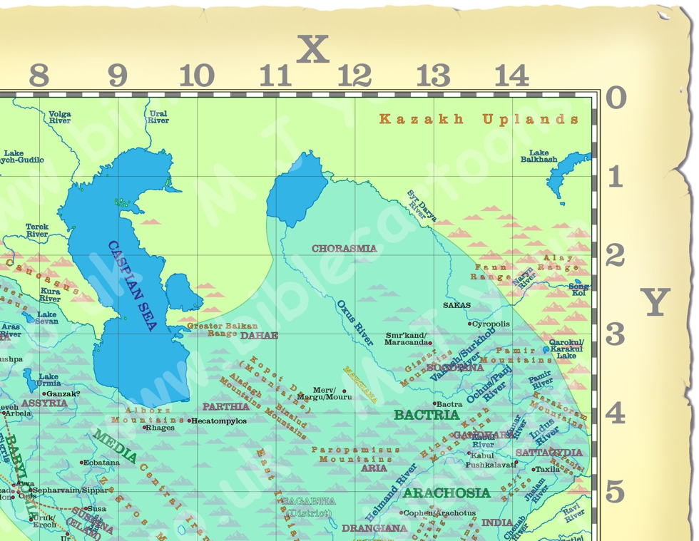 Close up NE section of Map with XY grid of the Near and Middle East showing the Persian Empire about 450 BC.