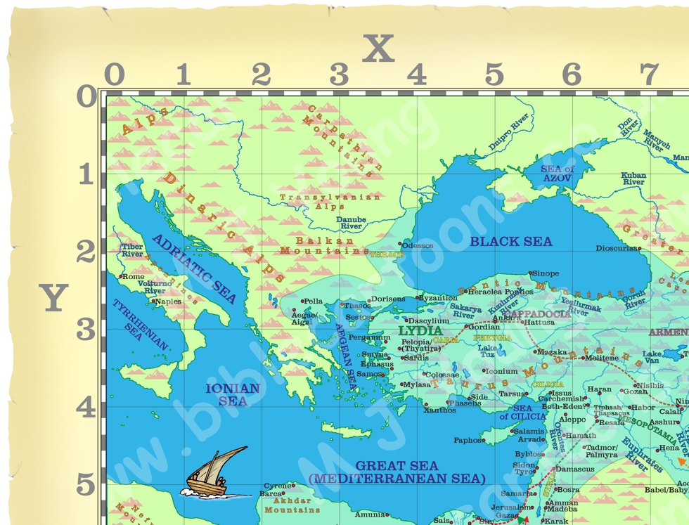 Close up NW section of Map with XY grid of the Near and Middle East showing the Persian Empire about 500 B.C.
