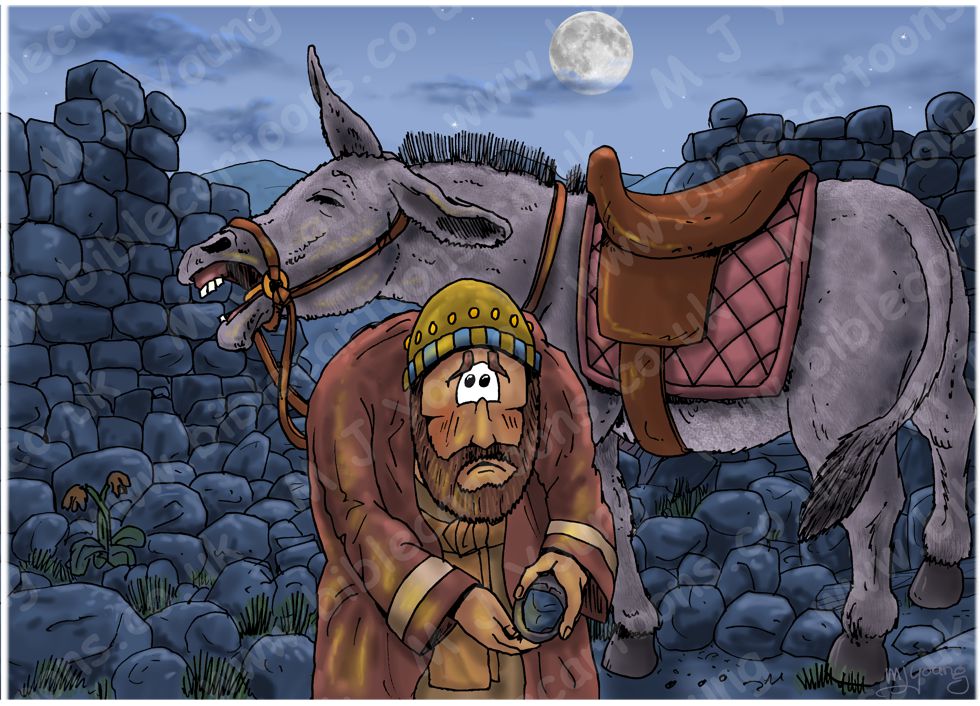 Nehemiah 02 - Nehemiah inspects Jerusalem’s walls - Scene 04a - Donkey with stone in hoof