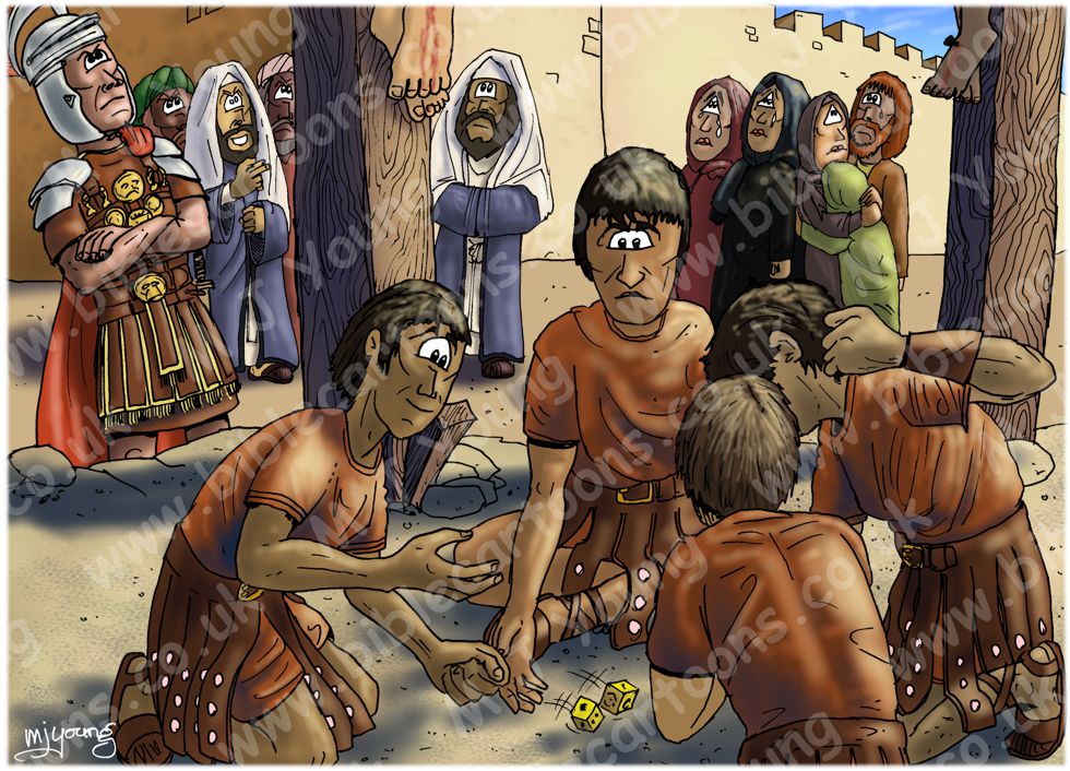 Mark 15 - The Crucifixion - Scene 04 - soldiers gambling | Bible Cartoons