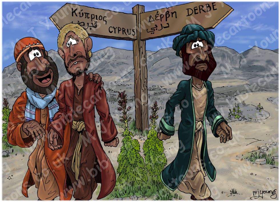 Acts 15 - Paul and Barnabas separate - Scene 01 - Signpost | Bible Cartoons