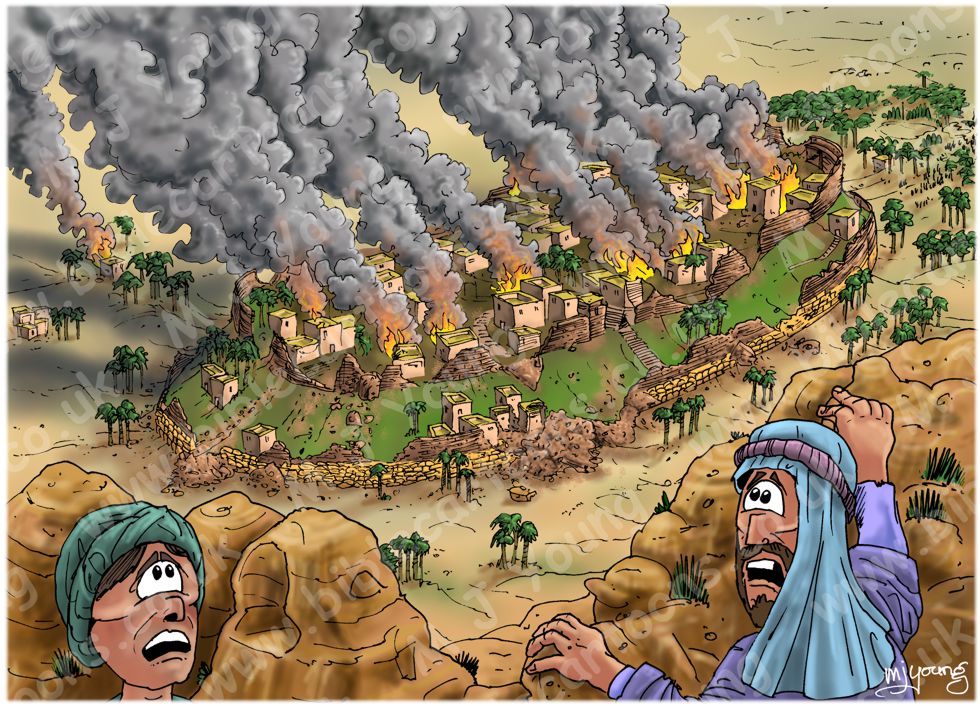 Bible Cartoons: Joshua 06 - Fall of Jericho - Scene 06 - Jericho burnt