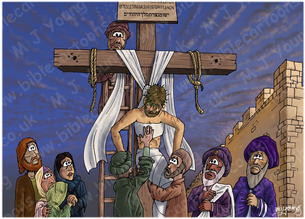 Mark 15 - Burial of Jesus - Scene 02 - Lowered from the cross (Colour  version) | Bible Cartoons