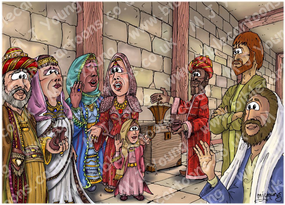 Mark 12 - The widow’s offering - Scene 01 - Rich crowd | Bible Cartoons