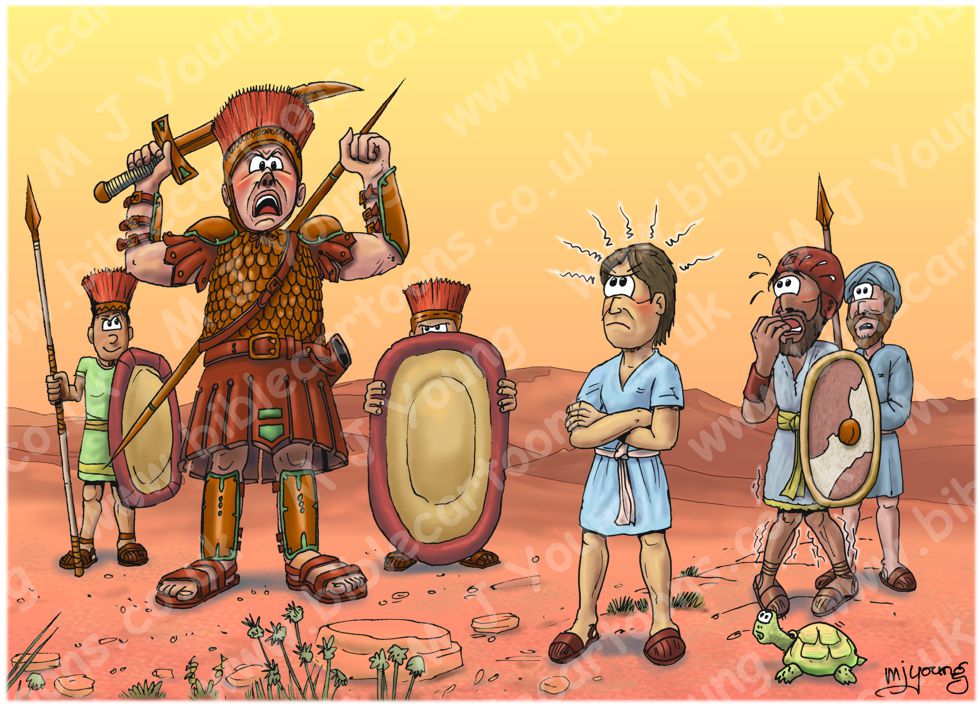 1 Samuel 17 - David and Goliath - Scene 01 - David sees Goliath jeering |  Bible Cartoons