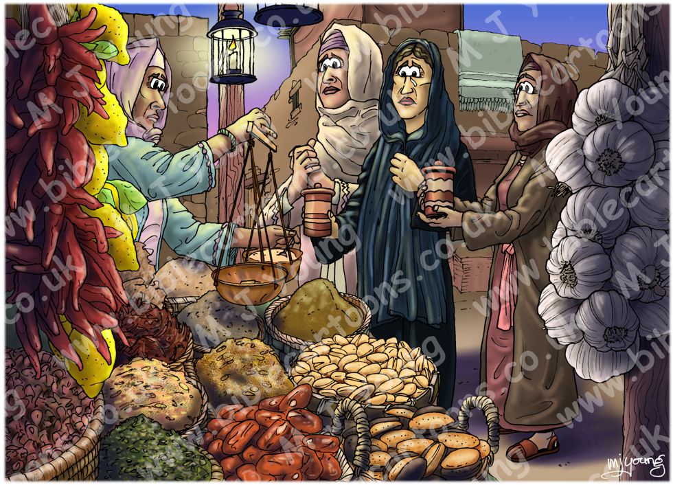 Mark 16 - Resurrection of Jesus - Scene 01 - Buying spices (Colour version)